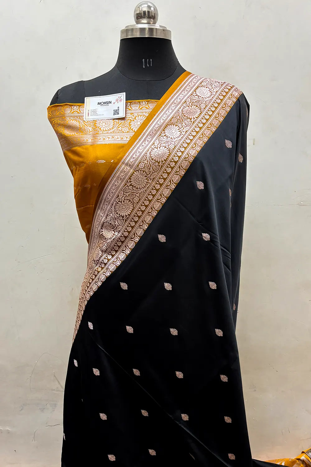 Black and Mustard Zari Katan Mashru Silk Banarasi Saree
