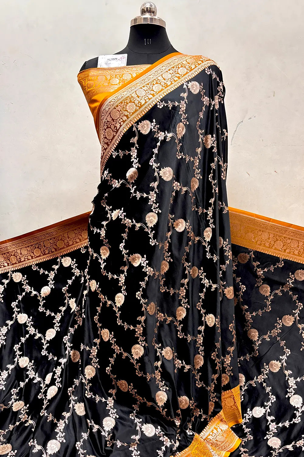 Black and Mustard Zari Katan Silk Banarasi Saree