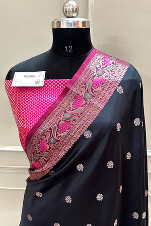 Black and Pink Buti Banarasi Silk Saree