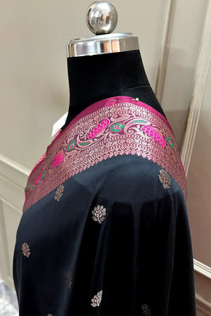 Black and Pink Buti Banarasi Silk Saree