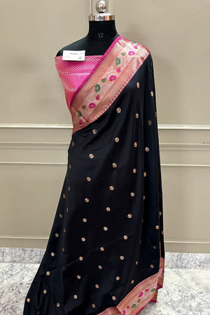 Black and Pink Buti Banarasi Silk Saree
