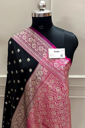 Black and Pink Ghonga Buti Katan Silk Banarasi Saree
