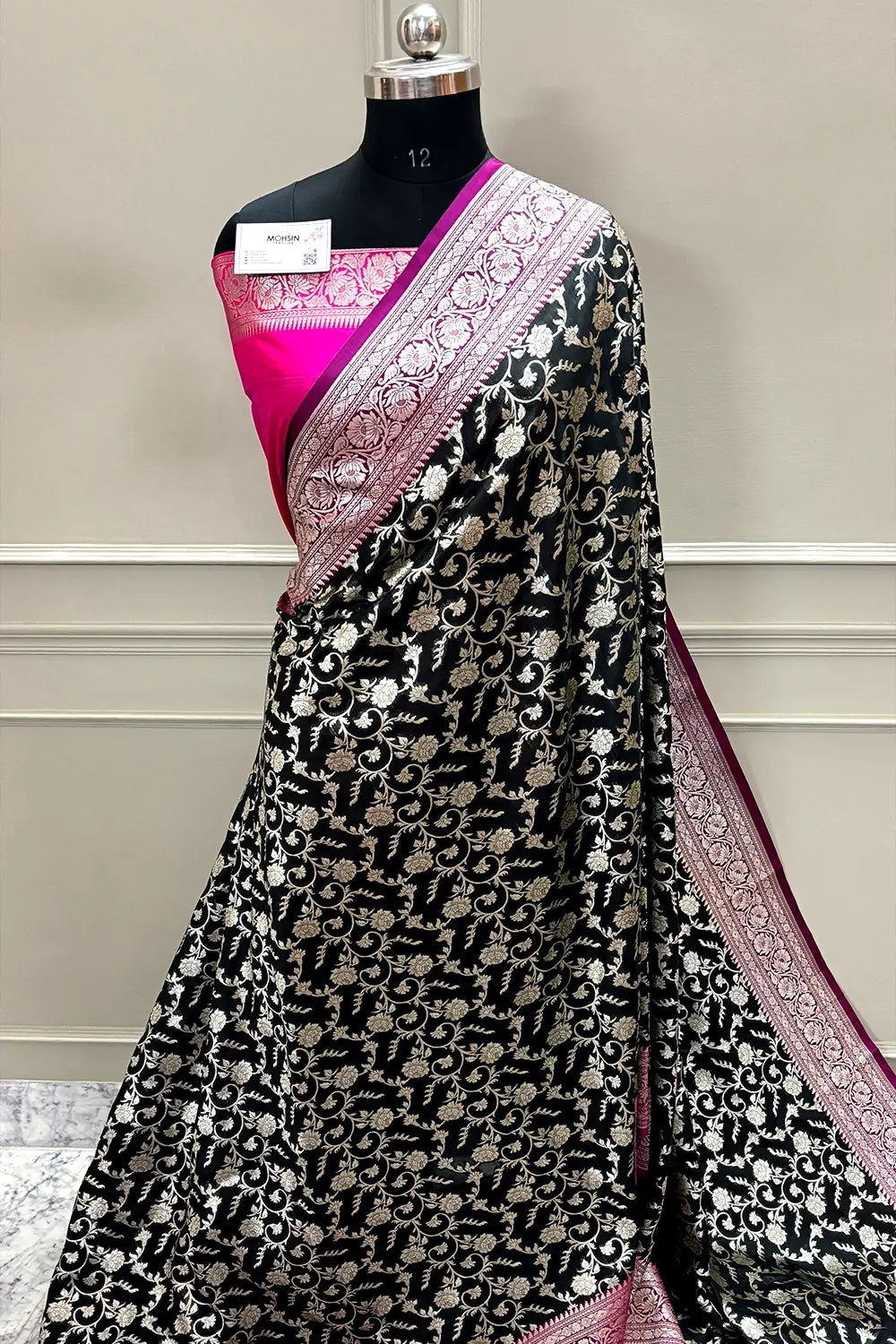 Black and Pink Gulabi Jaal Katan Silk Banarasi Saree
