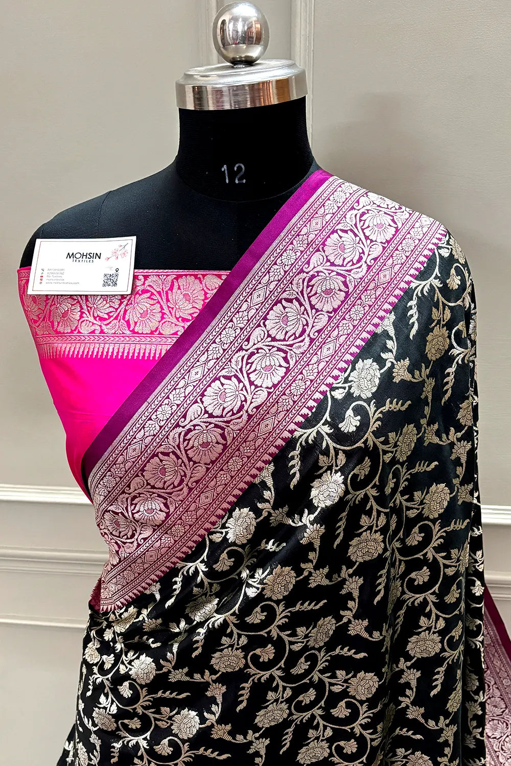 Black and Pink Gulabi Jaal Katan Silk Banarasi Saree