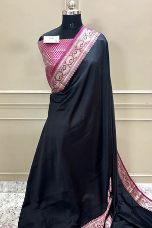 Black and Pink Plain Banarasi Silk Saree
