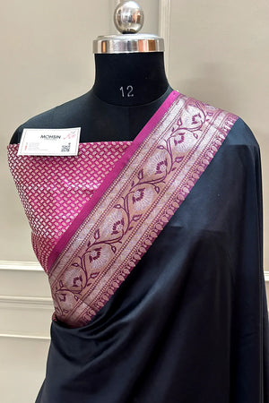 Black and Pink Plain Banarasi Silk Saree