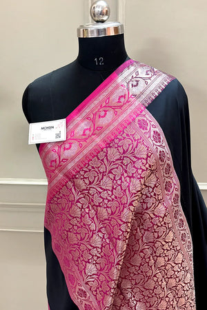 Black and Pink Plain Banarasi Silk Saree