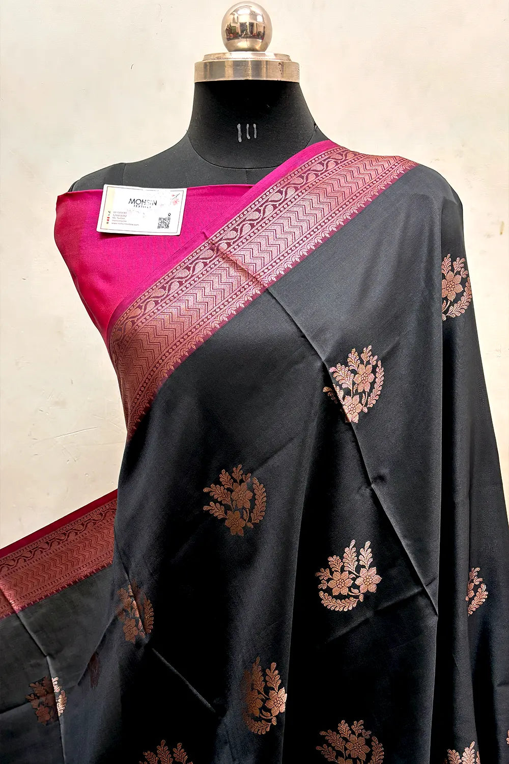 Black and Pink Zari Semi Katan Silk Banarasi Saree