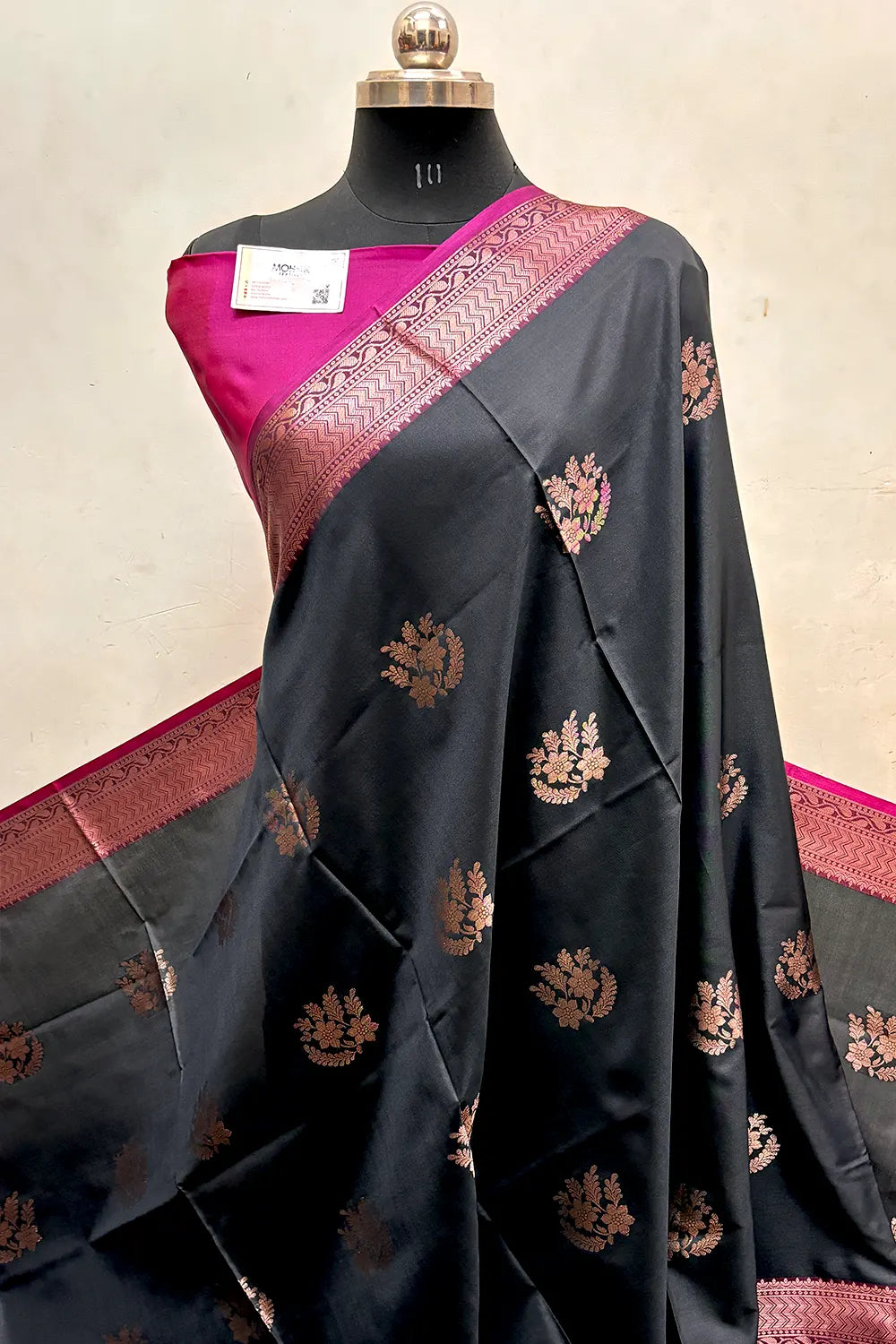 Black and Pink Zari Semi Katan Silk Banarasi Saree