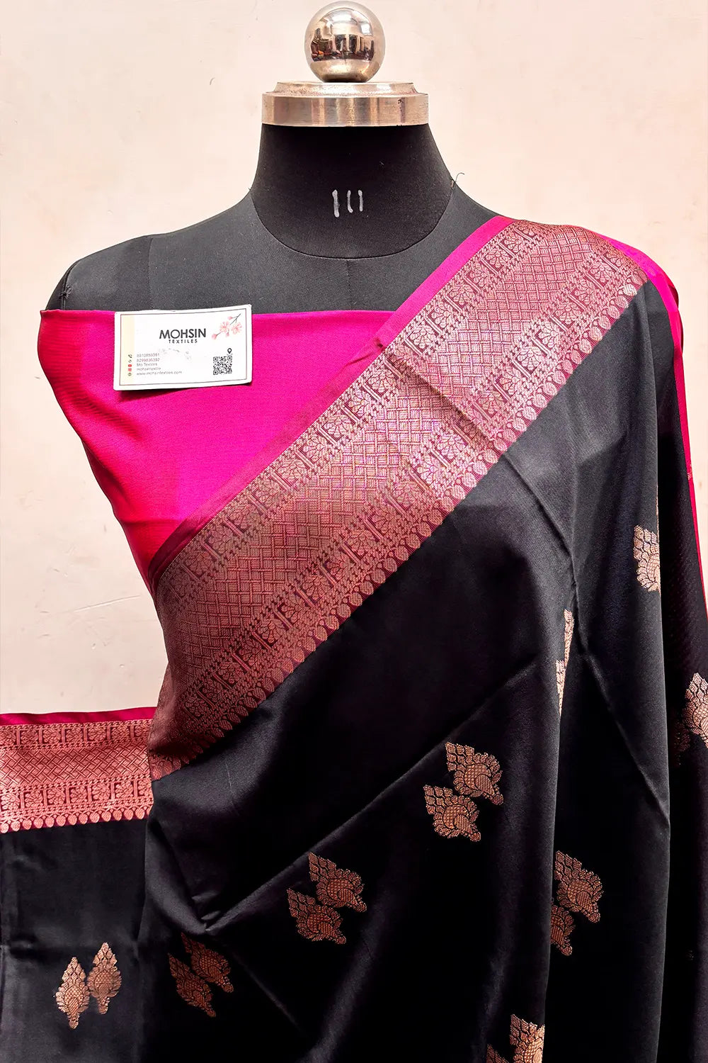 Black and Pink Zari Semi Katan Silk Banarasi Saree