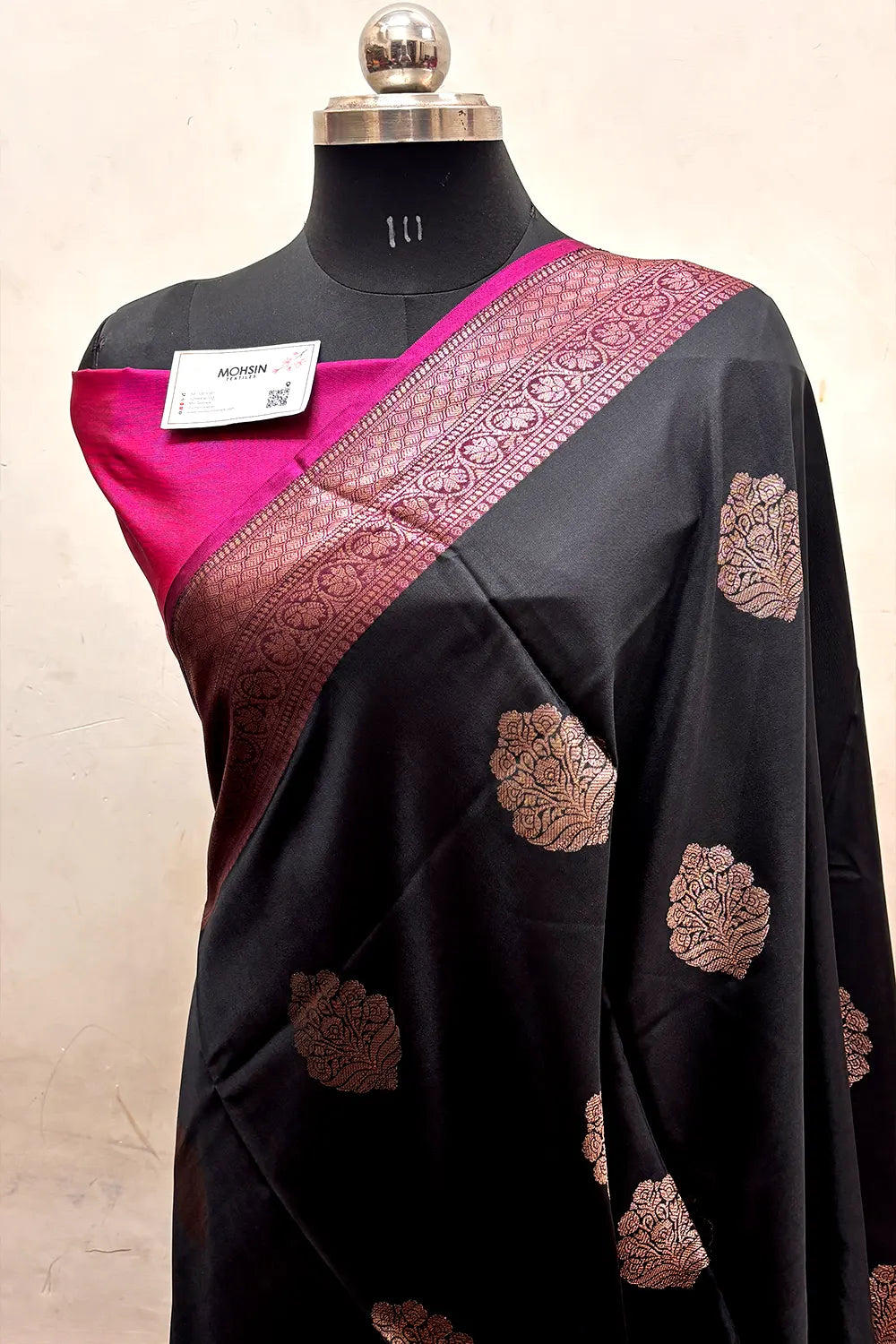 Black and Pink Zari Semi Katan Silk Banarasi Saree