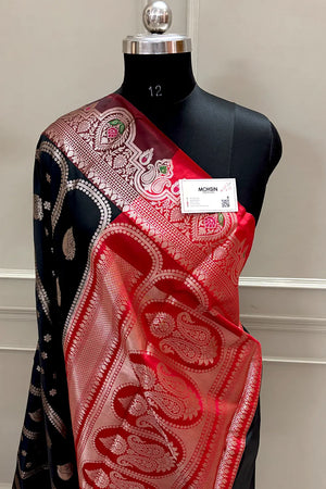 Black and Red Zari Banarasi Silk Saree