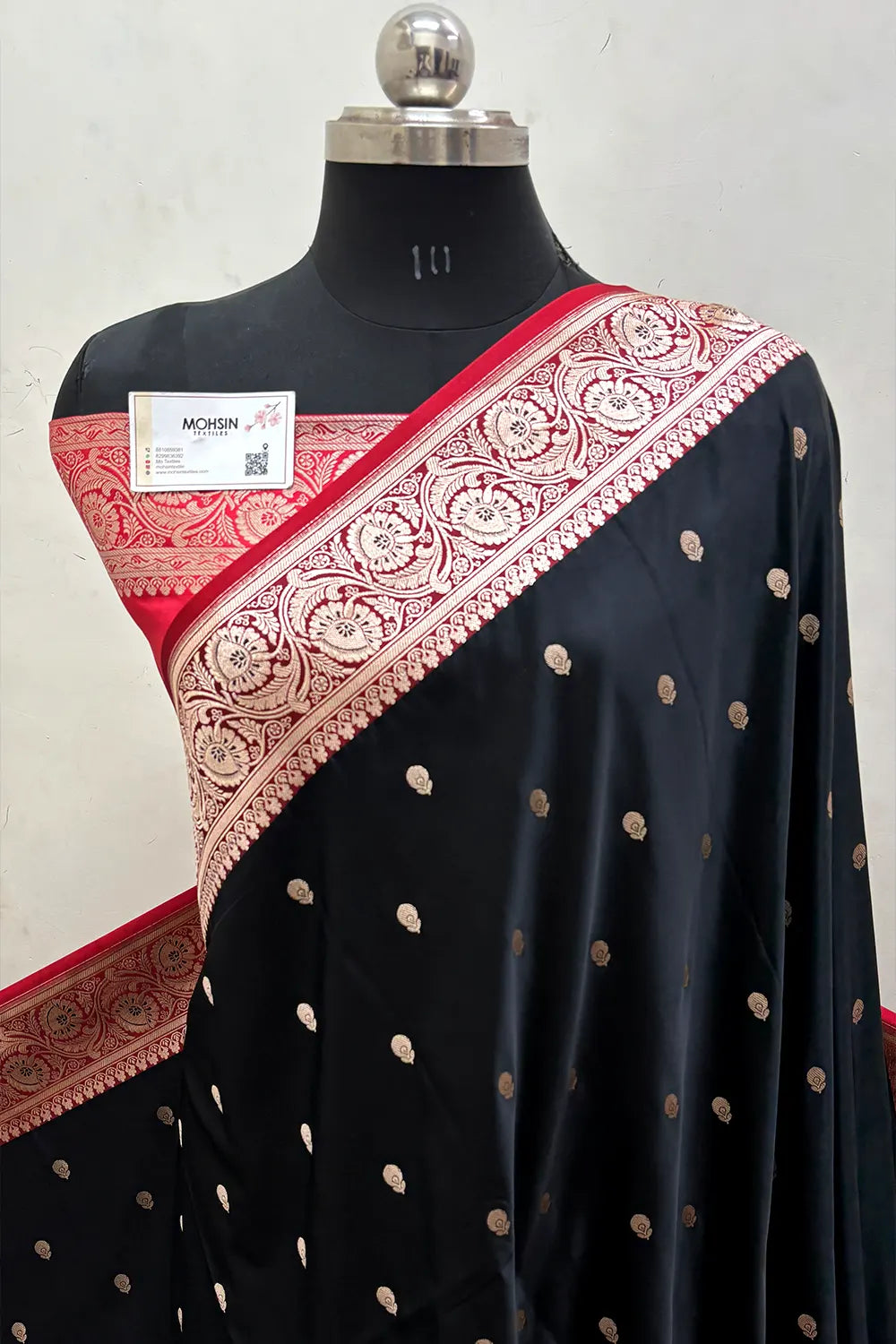 Black and Red Zari Katan Mashru Silk Banarasi Saree