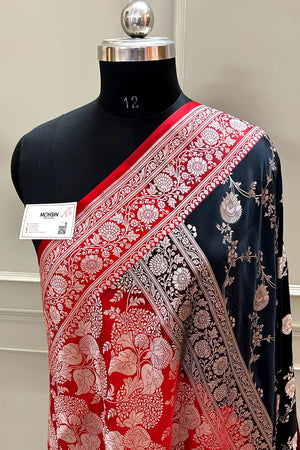 Black and Red Zari Katan Silk Banarasi Saree