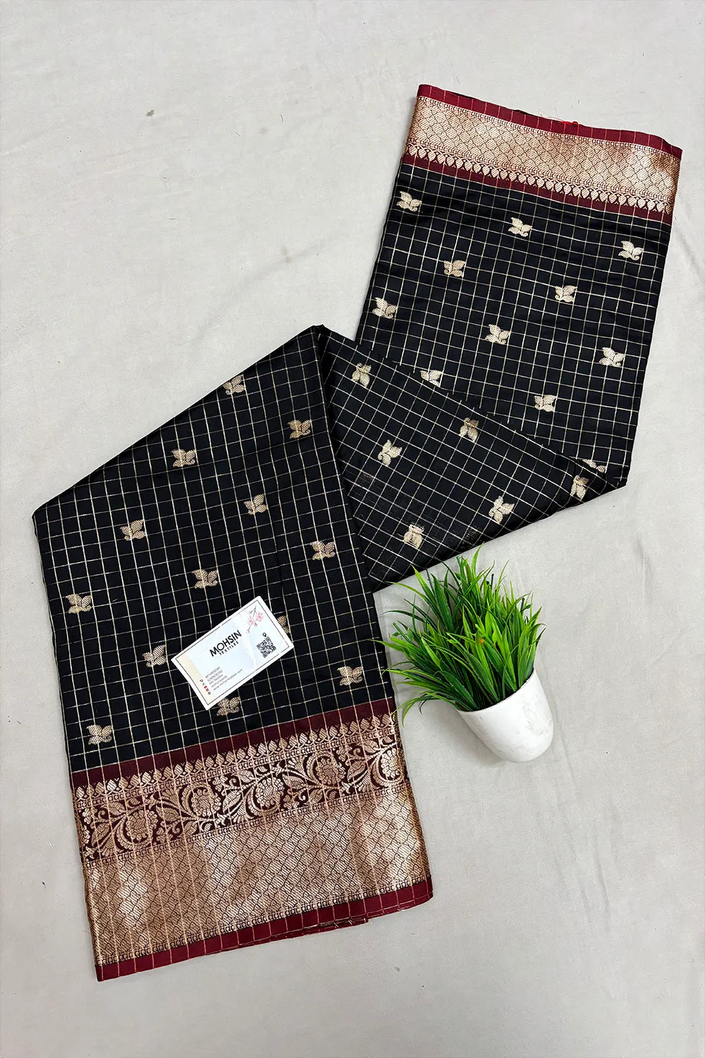 Black and Red Zari Semi Katan Silk Banarasi Saree