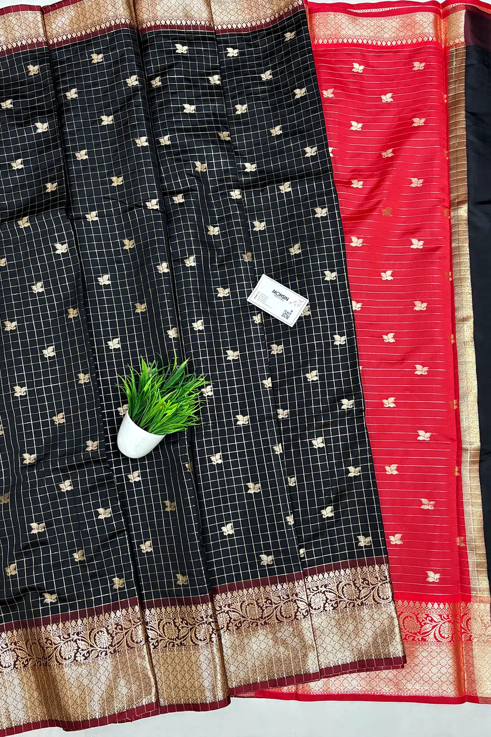 Black and Red Zari Semi Katan Silk Banarasi Saree