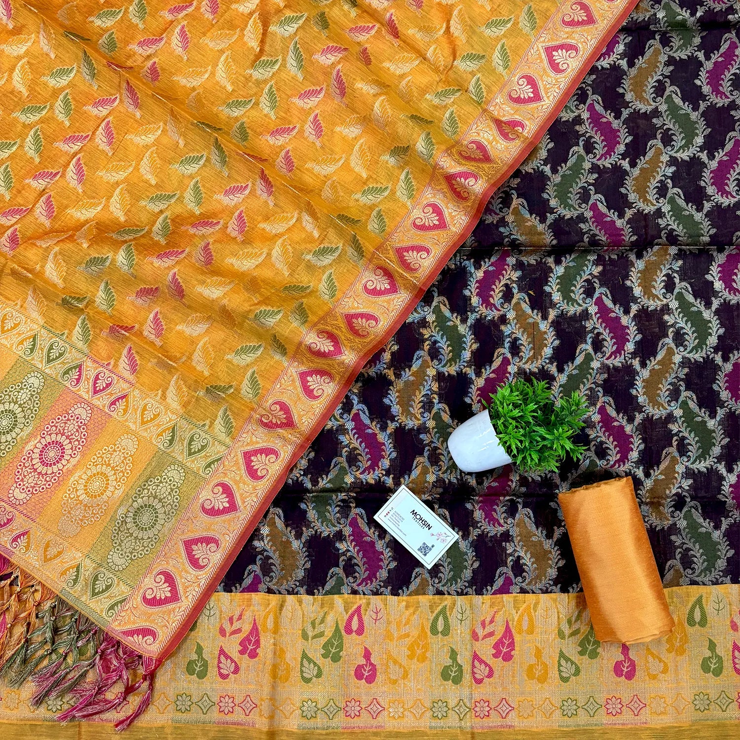 Black and Yellow Resham Banarasi Silk Suit