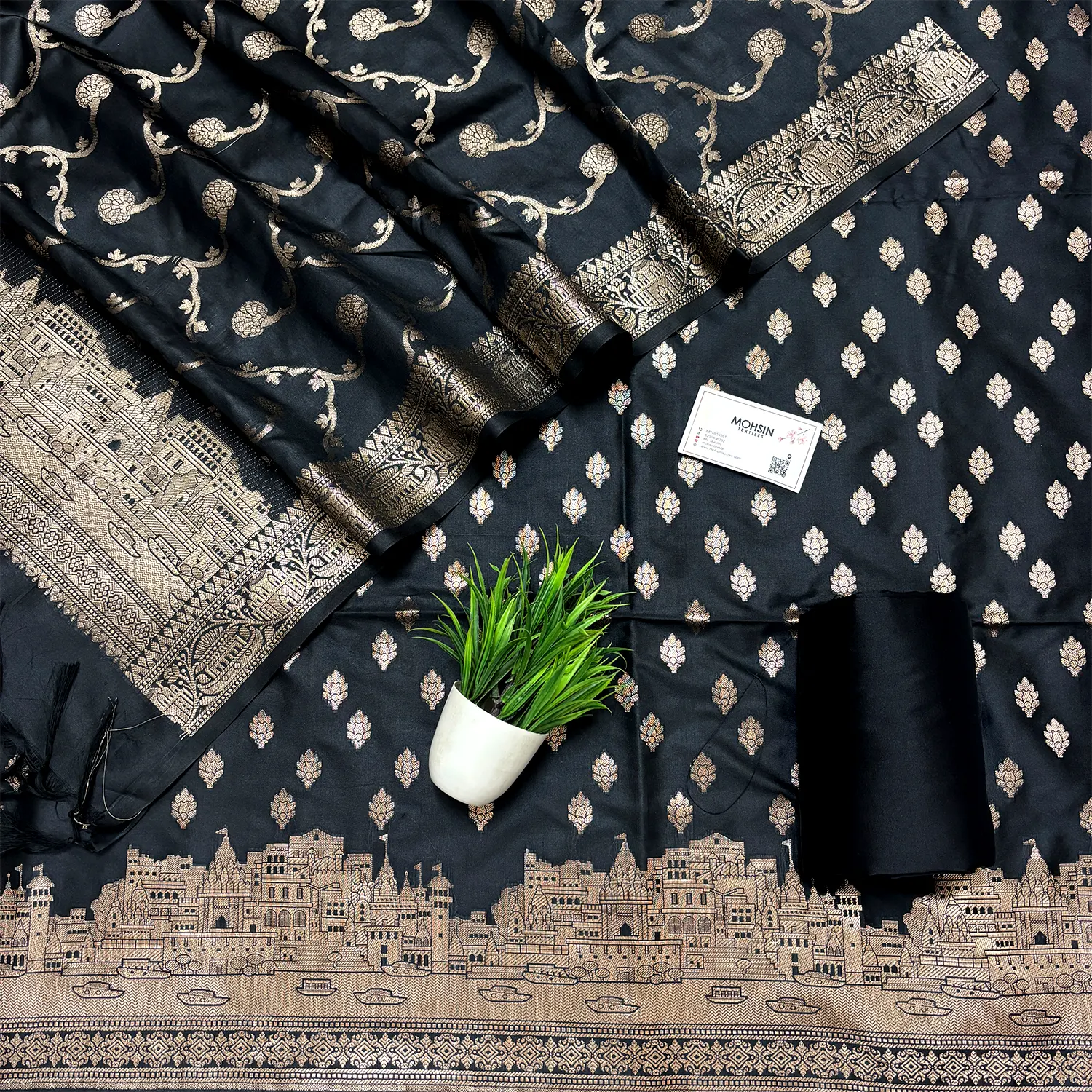 Black Assi Ghat Mandir Semi Katan Silk Banarasi Suit