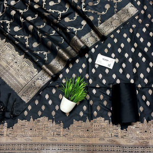 Black Assi Ghat Mandir Semi Katan Silk Banarasi Suit