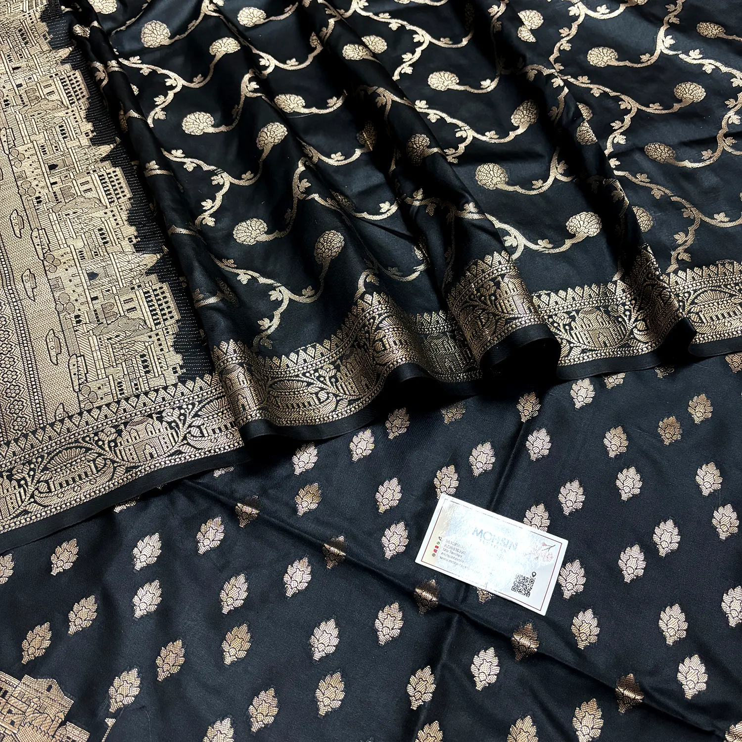Black Assi Ghat Mandir Semi Katan Silk Banarasi Suit