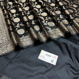 Black Assi Ghat Plain Semi Katan Silk Banarasi Suit