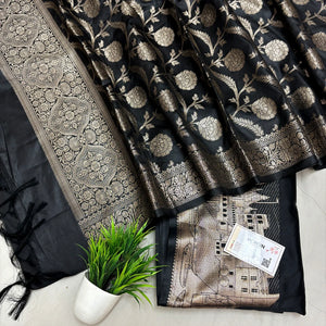 Black Assi Ghat Plain Semi Katan Silk Banarasi Suit