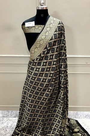 Black Bandhej Georgette Silk Banarasi Saree