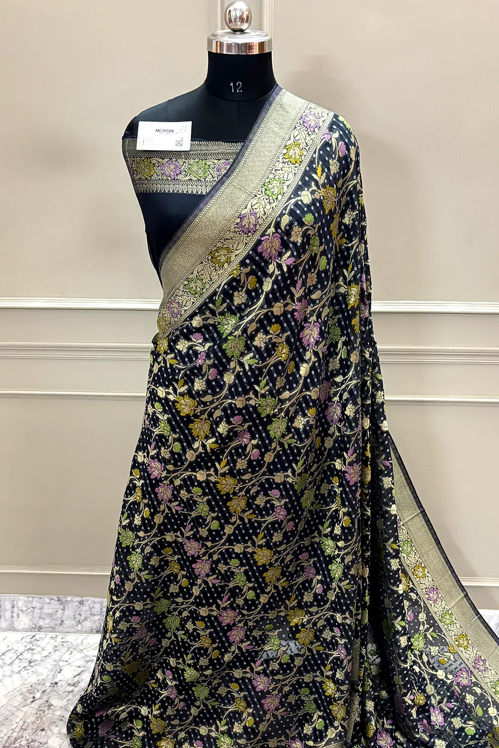 Black Bandhej Meena Georgette Silk Banarasi Saree