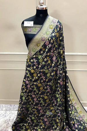 Black Bandhej Meena Georgette Silk Banarasi Saree