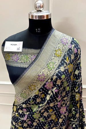 Black Bandhej Meena Georgette Silk Banarasi Saree