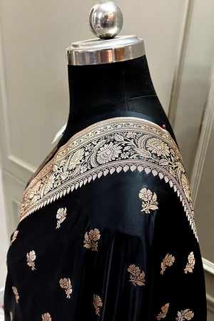 Black Chaman Buti Katan Mashru Silk Banarasi Saree