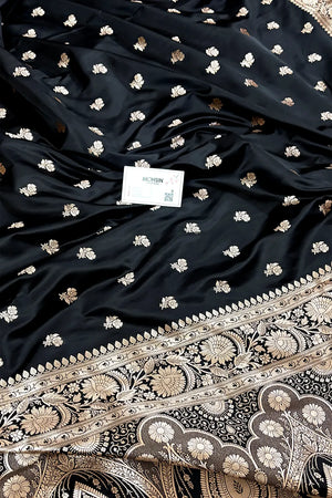 Black Chaman Buti Katan Mashru Silk Banarasi Saree