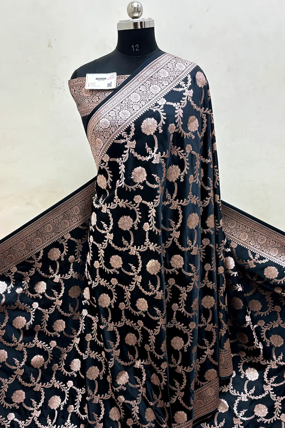 Black Laabela Jaal Katan Mashru Silk Banarasi Saree