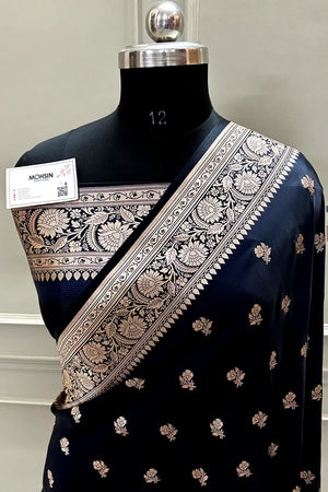 Black Navy Chaman Buti Katan Mashru Silk Banarasi Saree