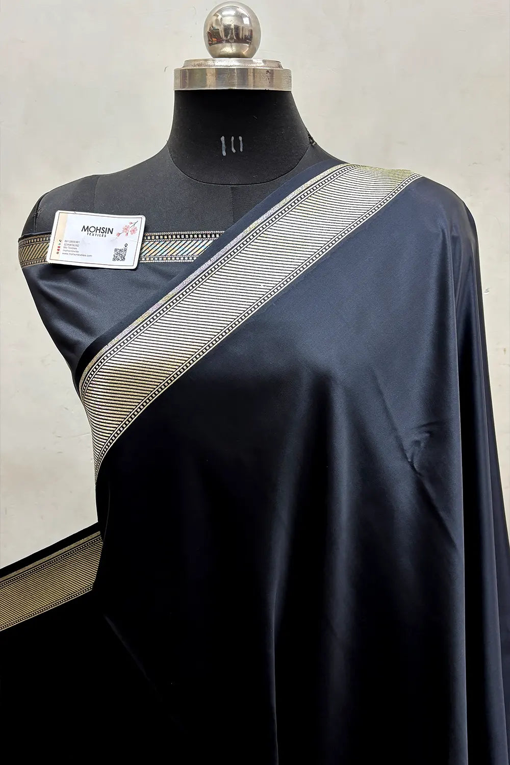 Black Plain Ghat Katan Satin Silk Banarasi Saree