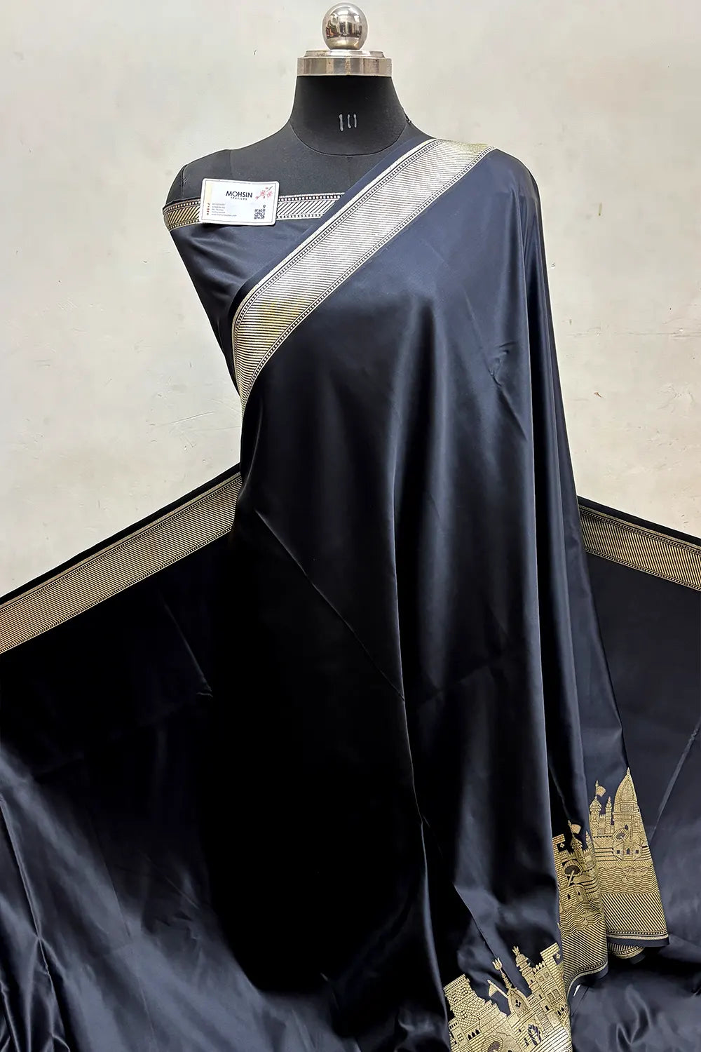 Black Plain Ghat Katan Satin Silk Banarasi Saree