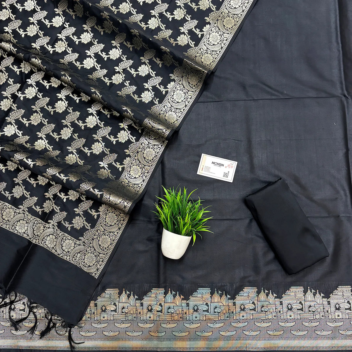 Black Plain Ghat Semi Katan Silk Banarasi Suit