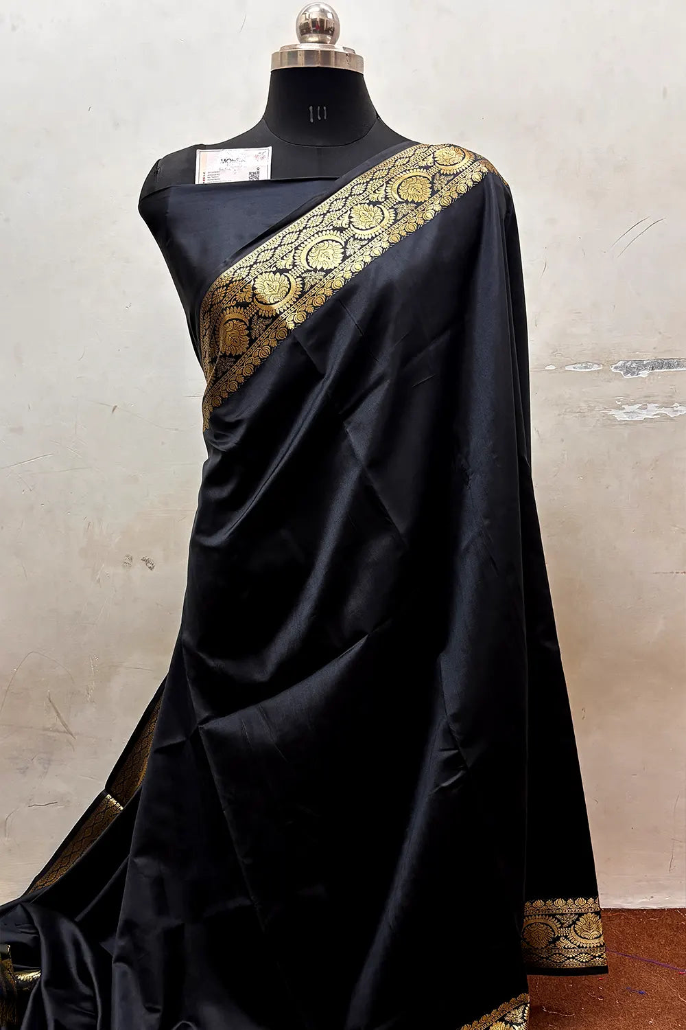 Black Plain Semi Katan Silk Banarasi Saree