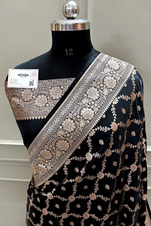 Black Qaidi Buti Katan Mashru Silk Banarasi Saree