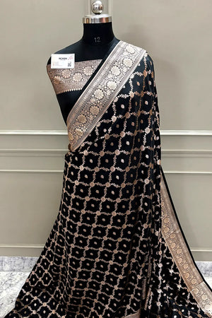 Black Qaidi Buti Katan Mashru Silk Banarasi Saree
