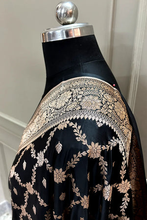 Black Qaidi Buti Katan Mashru Silk Banarasi Saree