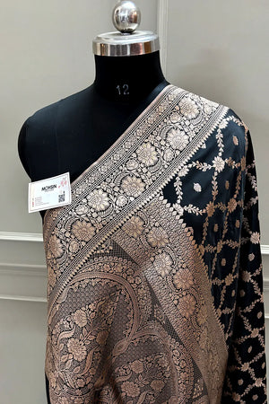Black Qaidi Buti Katan Mashru Silk Banarasi Saree