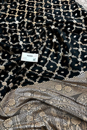 Black Qaidi Buti Katan Mashru Silk Banarasi Saree