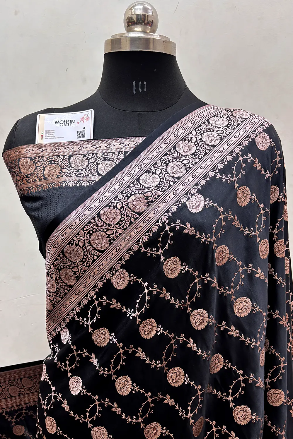 Black Ropeway Jaal Katan Mashru Silk Banarasi Saree