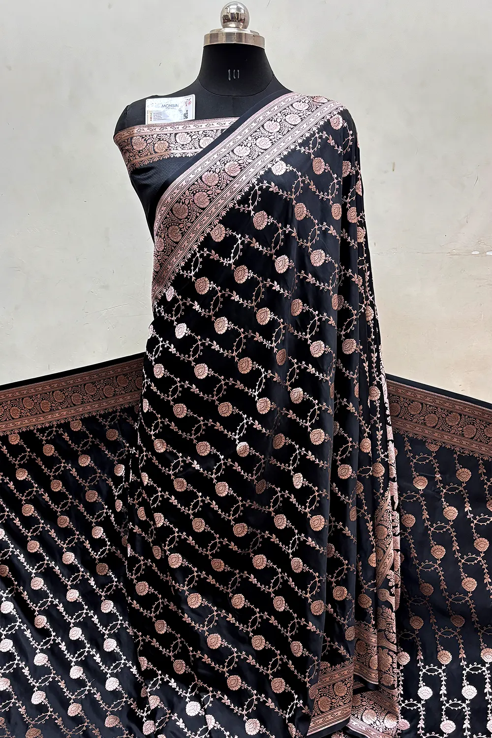 Black Ropeway Jaal Katan Mashru Silk Banarasi Saree
