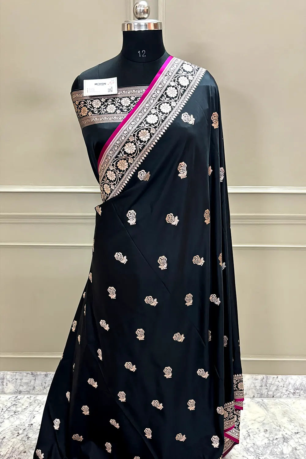 Black Rose Buti Katan Silk Banarasi Saree