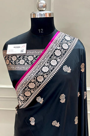 Black Rose Buti Katan Silk Banarasi Saree