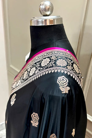 Black Rose Buti Katan Silk Banarasi Saree