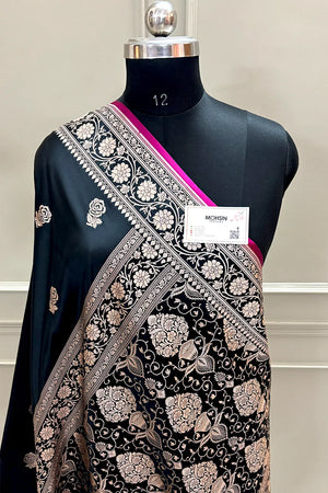 Black Rose Buti Katan Silk Banarasi Saree