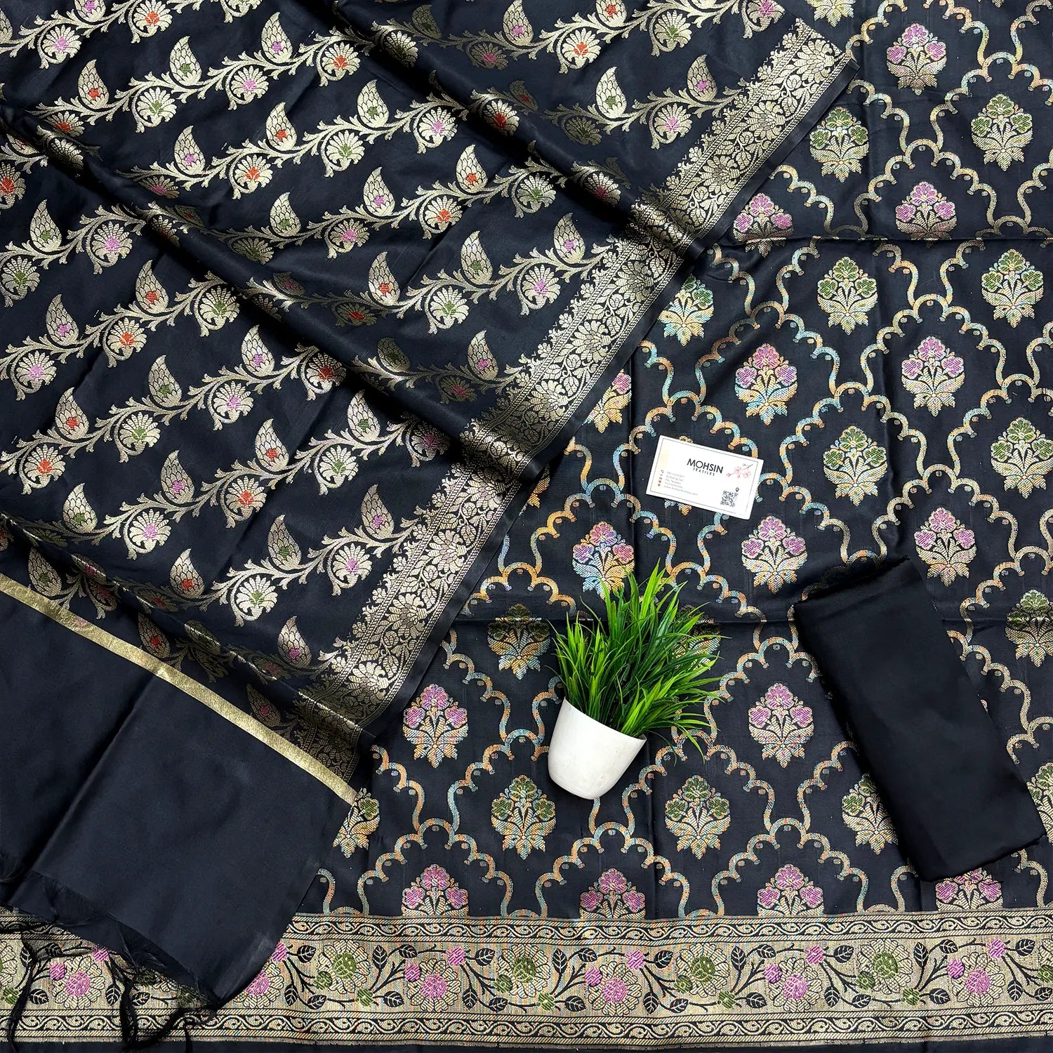 Black Semi Katan Silk Banarasi Silk Suit